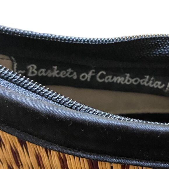 Baskets of Cambodia Rattan Woven Tan with Black Braided Strap Bag Purse - Picture 5 of 5